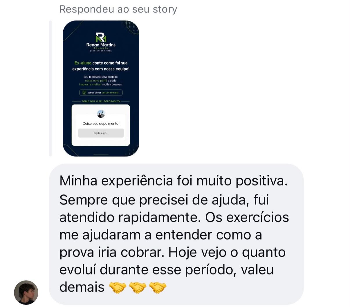 Feedback de aluno 6 sobre a preparação com o Professor Renan Martins
